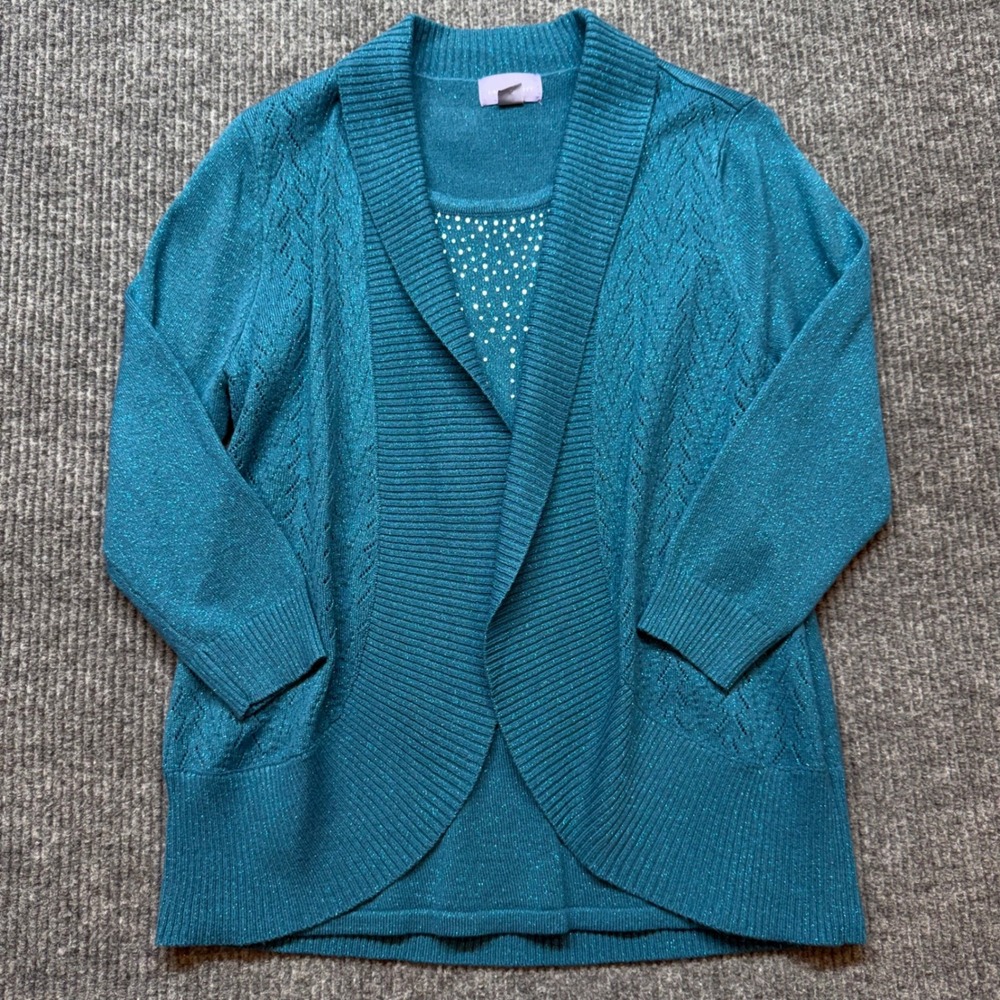 Laura Scott 2-in-1 Cardigan Sweater Womens LP Teal Metallic Knit Petite Top
